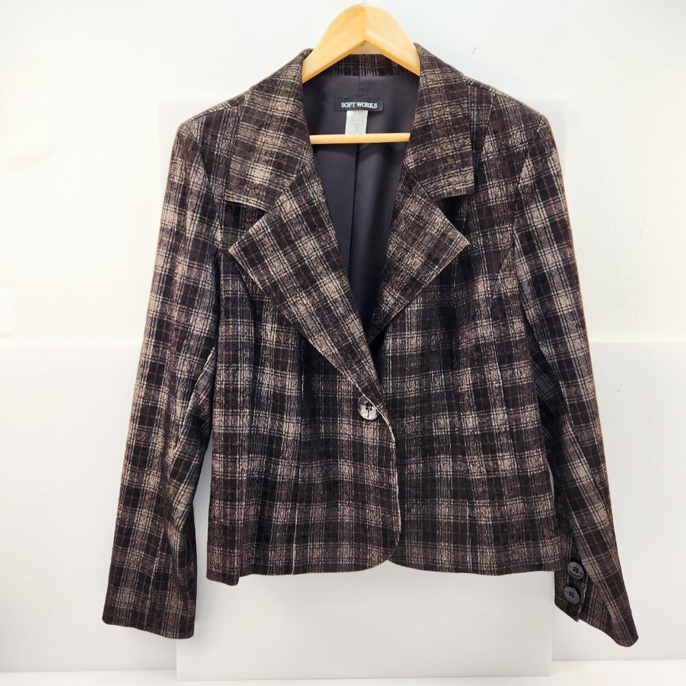 Soft Works Vintage Brown Plaid Blazer Jacket  Size 16, one button, Lapels, Y2K